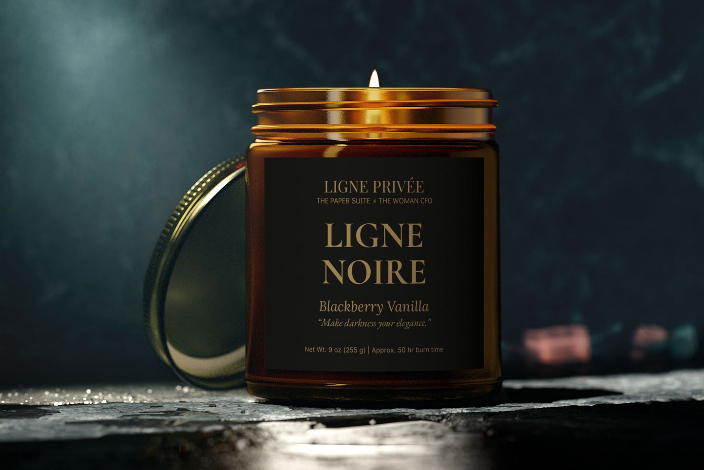 Ligne Noire Blackberry Vanilla candle with a dark background.