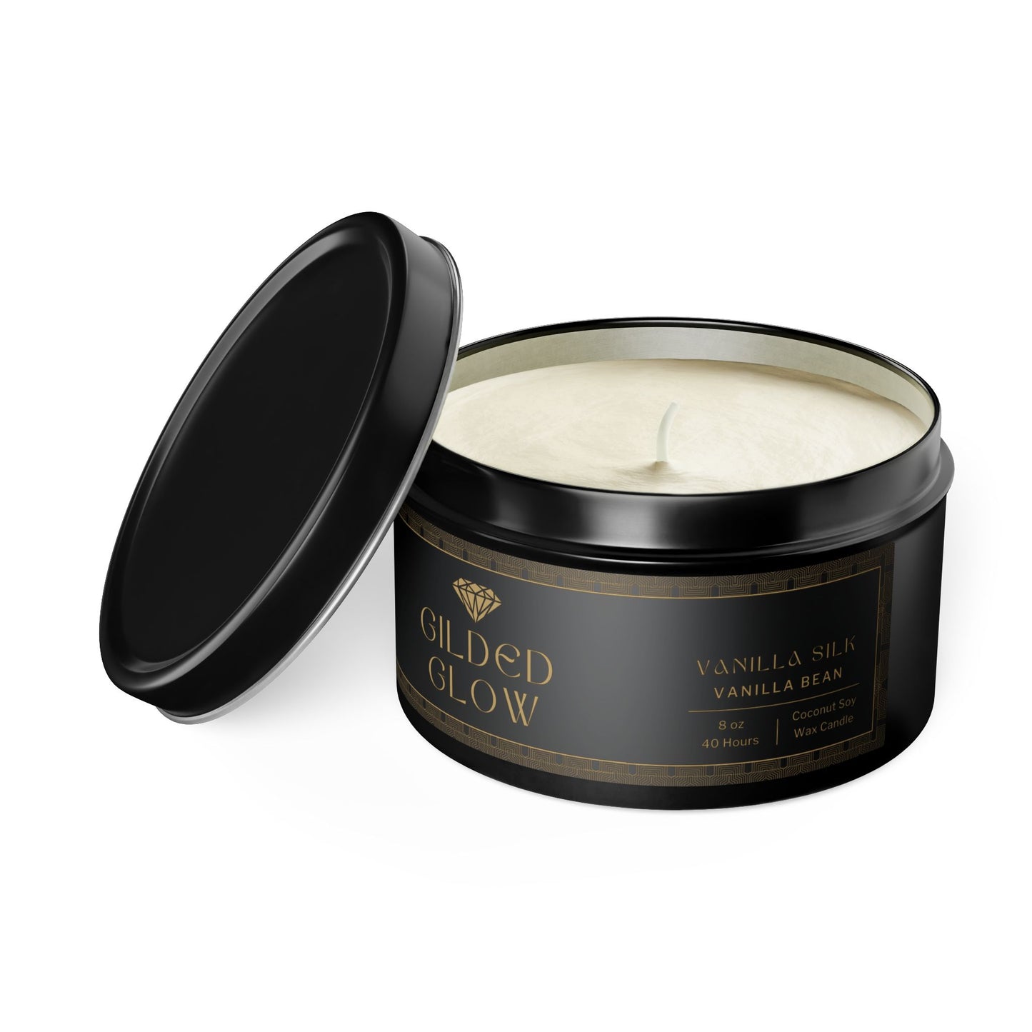 Gilded Glow Tin Candle - Vanilla Silk (Vanilla & Bourbon, 8 oz)