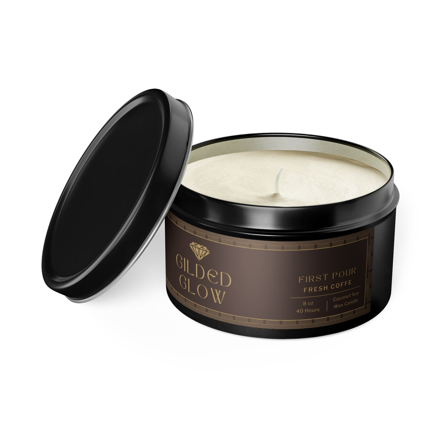 Gilded Glow Tin Candle - First Pour (Fresh Coffee, 8 oz)